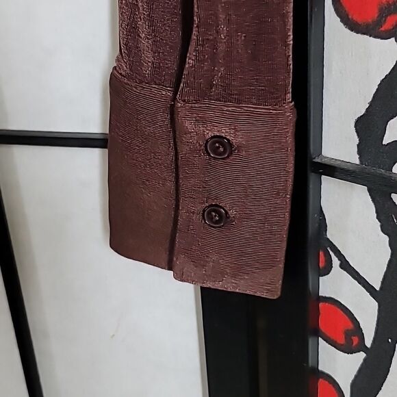 Beige Botany Cropped Slinky Brown Ruched Button Up - Picture 6 of 7